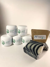 Load image into Gallery viewer, 5 Jars of AF27 Peppermint Salve Extra Strength Psoriasis Treatment for moderate to severe cases of psoriasis and eczema, along with 3 bars of sensitive skin soap, 1 shown in our compostable package.
